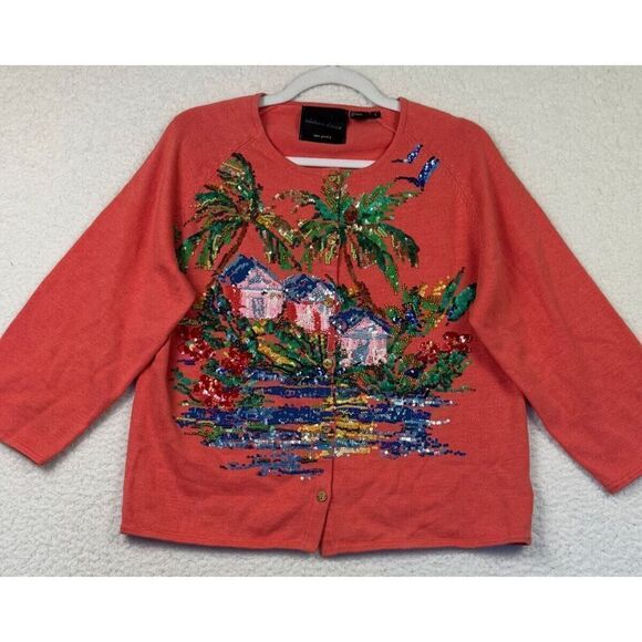 Michael Simon Tropical Cardigan Sweater Beaded Sequin Coral Art Size Large - Picture 1 of 6